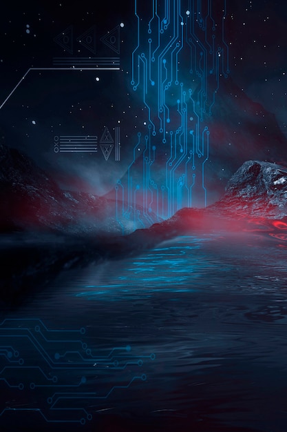 Futuristic fantasy night landscape with  light reflection in water. Neon space galaxy portal 3D illustration