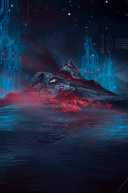 Futuristic fantasy night landscape with  light reflection in water. Neon space galaxy portal 3D illustration