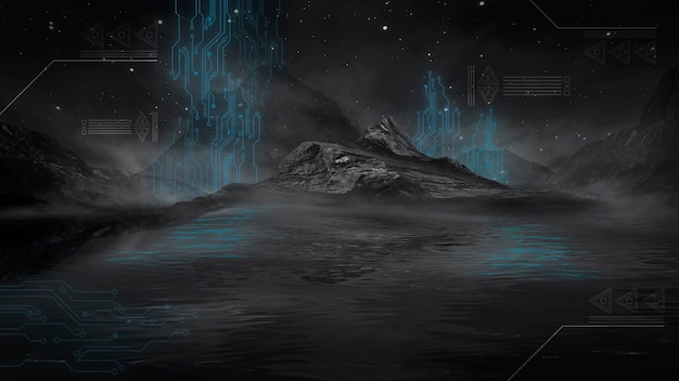 Futuristic fantasy night landscape with light  reflection in water. Neon space galaxy portal 3D illustration