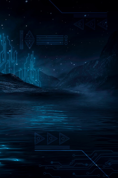 Futuristic fantasy night landscape with  light reflection in water. Neon space galaxy portal 3D illustration