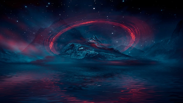 물에 빛의 반사와 미래의 판타지 밤 풍경. 네온 우주 은하 포털 3D 그림