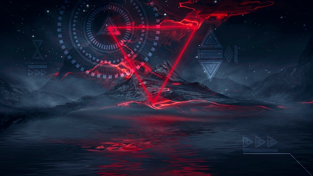 Foto paesaggio notturno di fantasia futuristica con riflesso della luce nell'acqua. neon spazio galassia portale 3d illustrazione