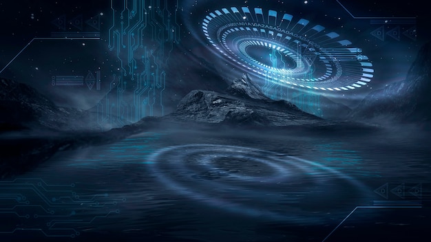 Futuristic fantasy night landscape with light  reflection in water. Neon space galaxy portal 3D illustration