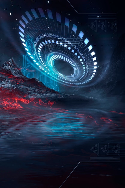 Futuristic fantasy night landscape with  light reflection in water. Neon space galaxy portal 3D illustration