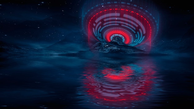 Photo futuristic fantasy night landscape with light  reflection in water. neon space galaxy portal 3d illustration