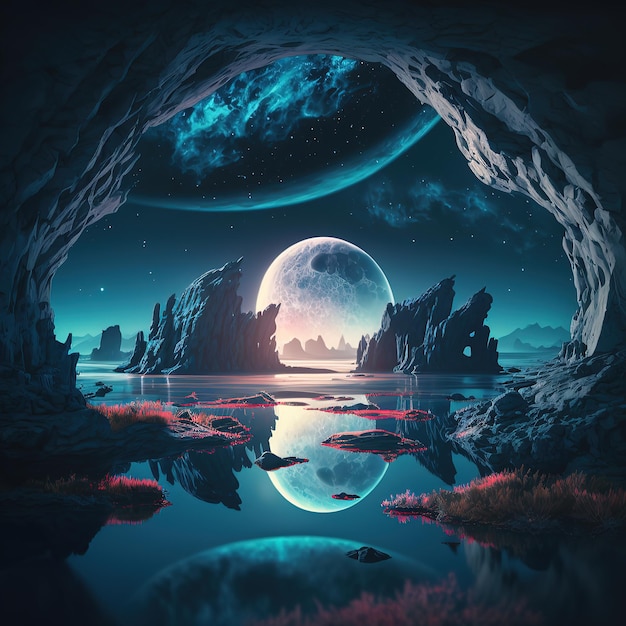 Futuristic fantasy night landscape with neon space galaxy portal Dark natural scene 3D illustration