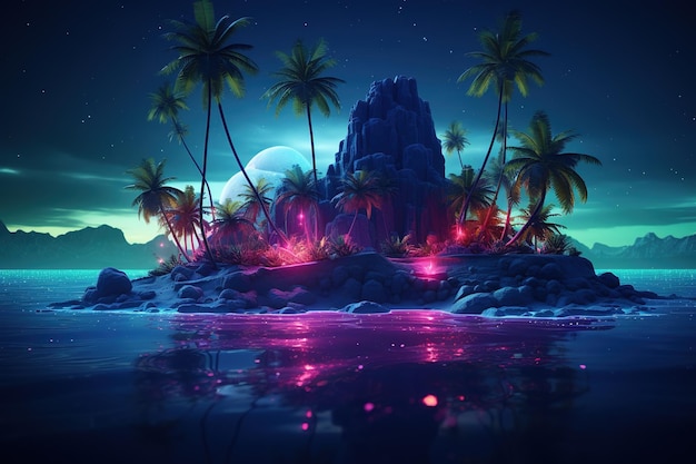 futuristic fantasy night tropical neon retro palms