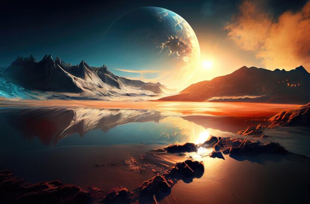 Photo futuristic fantasy scifi landscape of the unknown alien planet with the moon made with generative ai