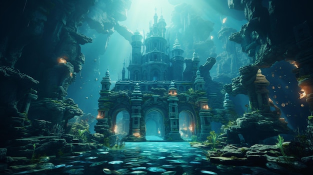 A futuristic fantasy seascape set underwater featuring a lost city