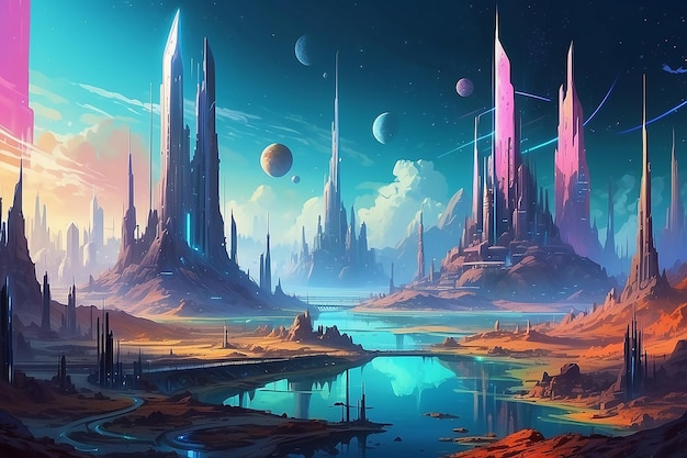 Futuristic Fantasy Vibrant SciFi Cityscape Art