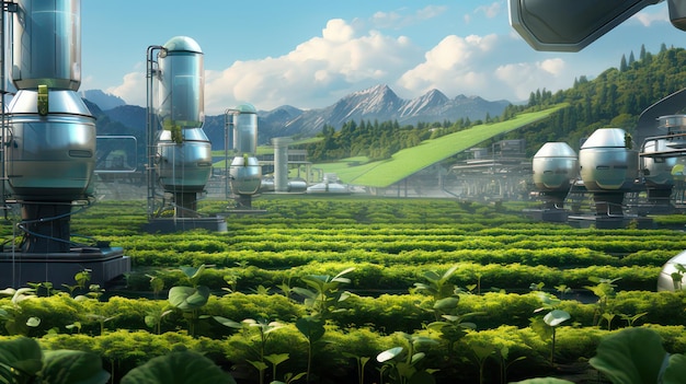 Photo futuristic farming oasis hydrorobots transforming vertical crops