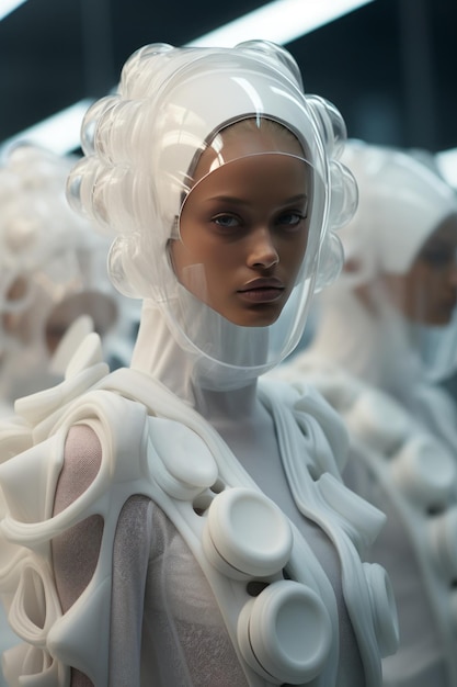 白い膨らんだアバンギャルドの服を着た未来的なファッションショー