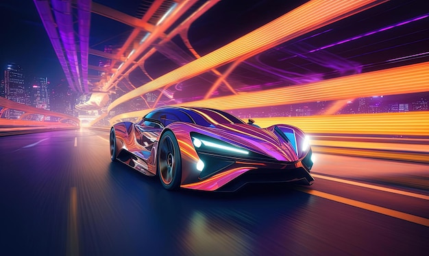 A futuristic fast car driving through neon lights in the style of distinctive character design