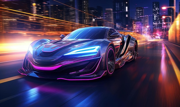 a futuristic fast car driving through neon lights in the style of distinctive character design