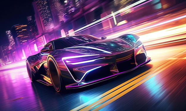 a futuristic fast car driving through neon lights in the style of distinctive character design