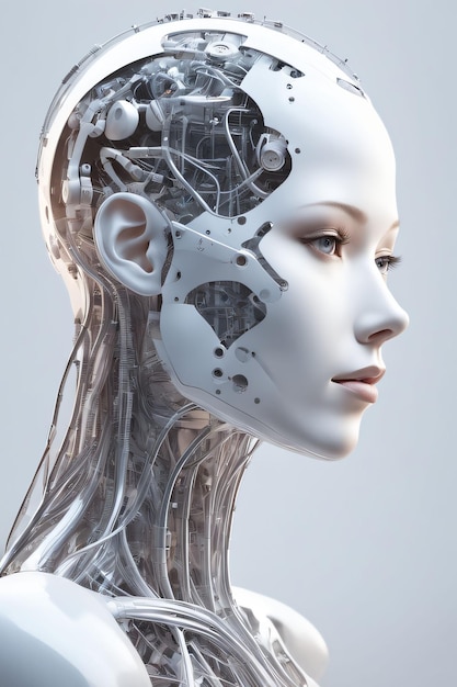 Futuristic female cyborg with a mechanical face in studio portrait generative ai