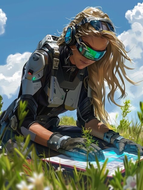 Photo futuristic female explorer in high tech suit kneeling on grass under blue sky with clouds