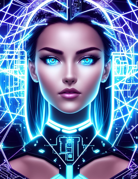 Futuristic female face with cybernetic elements and blue color scheme for AI concept