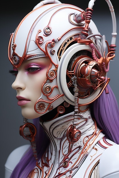 Photo the futuristic female has a pink hair and purple visor in the style of baroque inspired sculptures