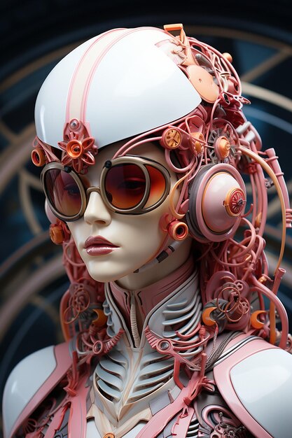 The futuristic female has a pink hair and purple visor in the style of baroque inspired sculptures
