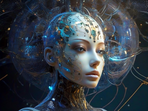 Futuristic female mannequin head in a futuristic space suit Conceptual image Created using genera