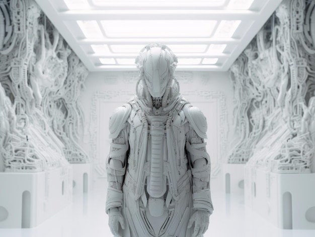 A futuristic female mannequin in a white dress and mask stands in a futuristic white room interior Symmetrical composition Created with Generative AI technology