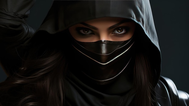 Futuristic female ninja mysterious black hood AI generated image