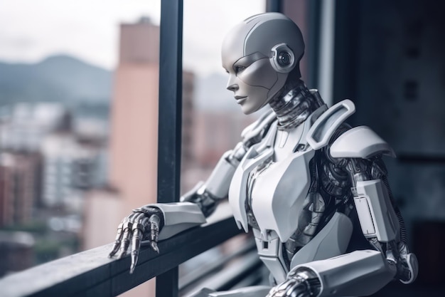 Futuristic female robot cyborg on the balcony of highrise building generative ai