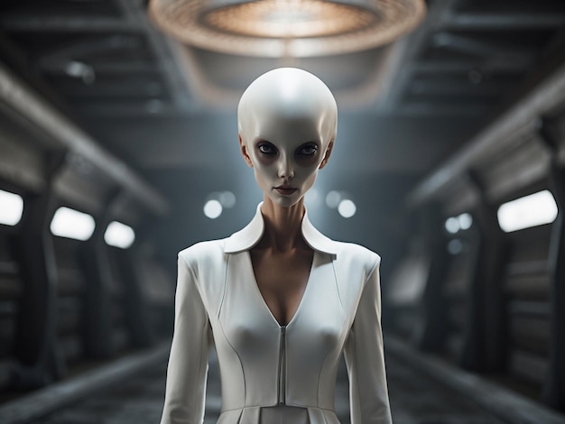 未来的な女性ロボットが未来的な宇宙ステーションで3Dレンダリング