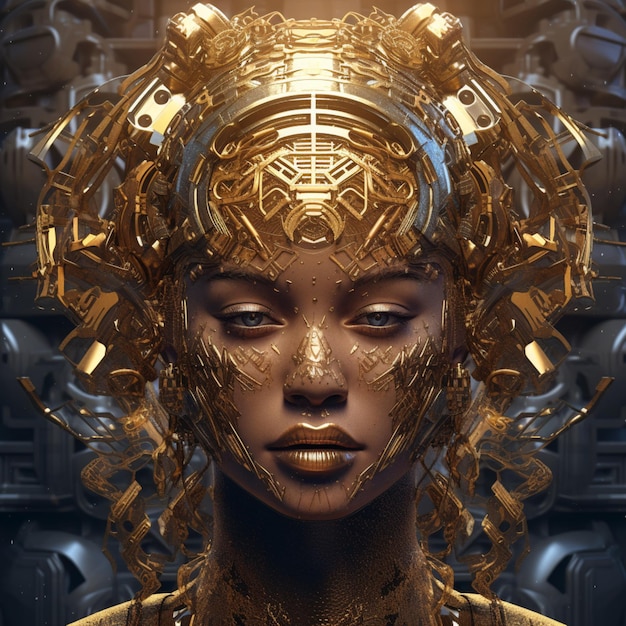 Футуристический женский робот золотой киборг рендеринг изображений ИИ Сгенерированное искусство