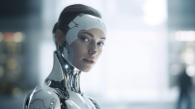 Futuristic female robot using in a modern technological environment