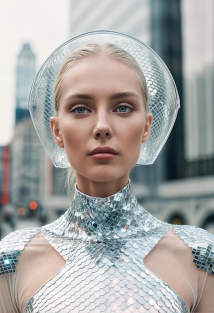 Futuristic female silver suit People of the future Image generated by AI