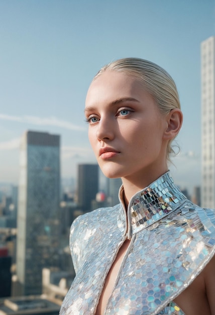 Futuristic female silver suit People of the future Image generated by AI