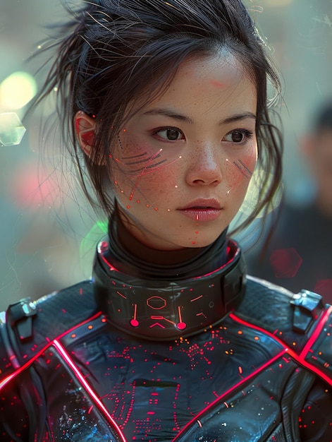 Futuristic Female Warrior with High Tech Armor Standing in a Neon Lit Urban Setting