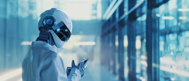 Futuristic figure in helmet holds a gadget amidst a hightech facility