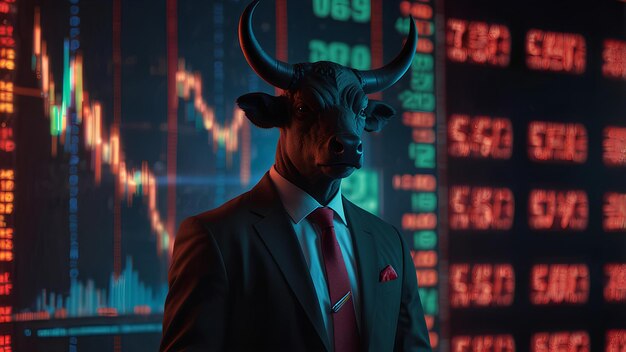 futuristic finance cyberpunk bull in black suit with neon stock charts