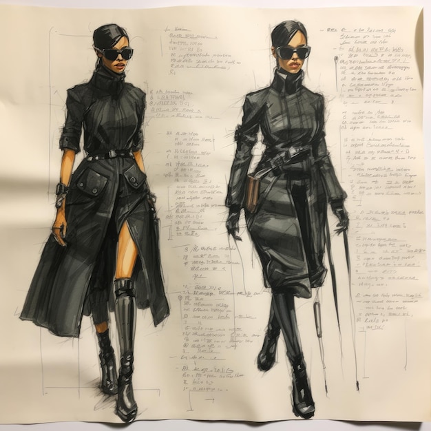 Futuristic Flair Exploring The Matrix Fashion Design Through Sketch Drawing Charcoal and Aquarel