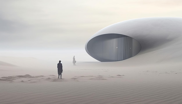 A futuristic flat ellypsic very small house in a desert