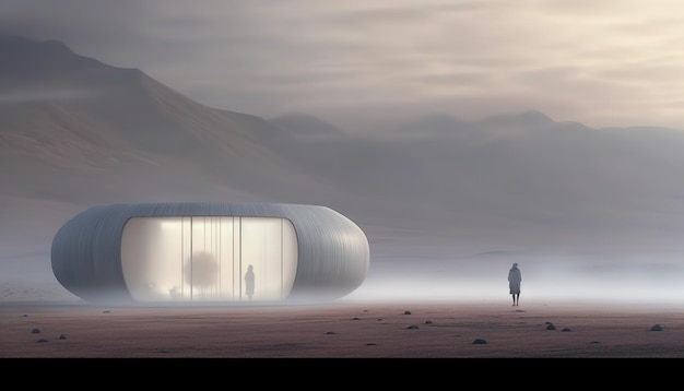 A futuristic flat ellypsic very small house in a desert