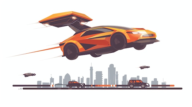 Photo futuristic flying car the car is orange and black and has a sleek design it is flying over a city