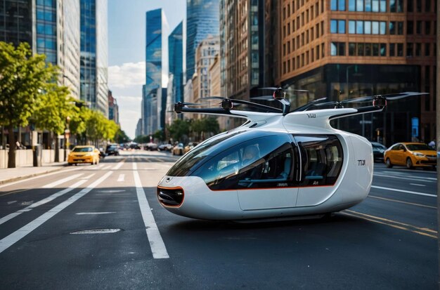 Photo futuristic flying car over cityscape