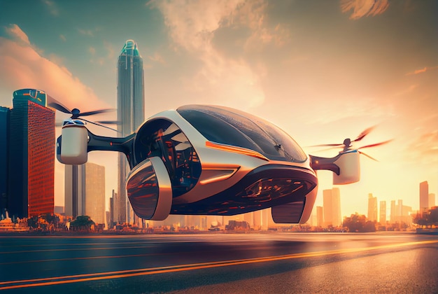 Futuristic flying car future of urban transportation city air taxi public aerial transportation autonomous Aerial Vehicle Generative AI