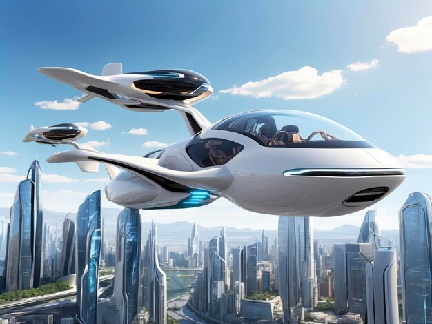 A futuristic flying car in the sky over a city with skyscrapers