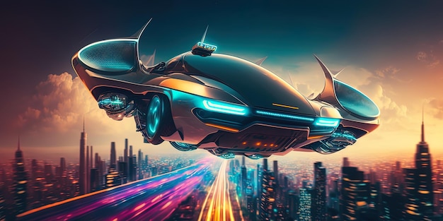 A futuristic flying car soaring through the sky AIGenerated