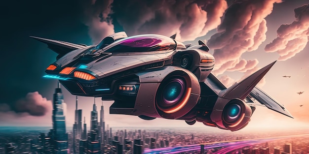 A futuristic flying car soaring through the sky AIGenerated