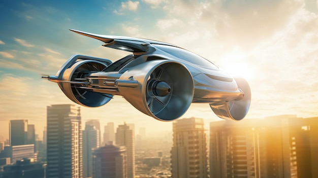 Futuristic Flying Cars Soaring Over Cityscape