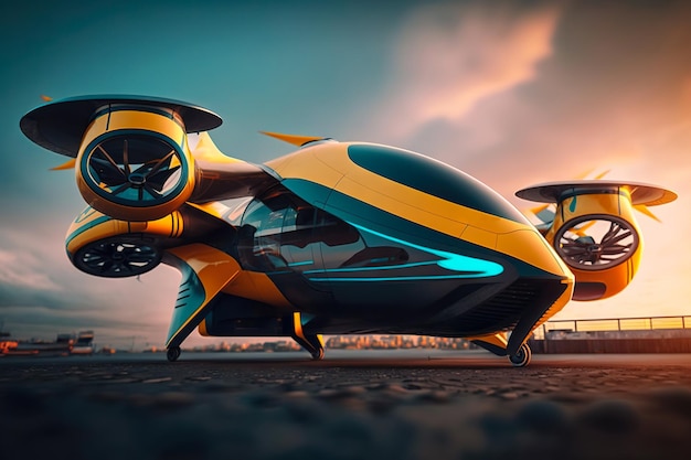 Futuristic flying drone Flying car of the future