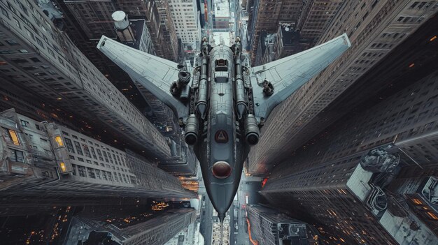 Futuristic flying military vehicle massive spaceship hovering over New York City industrial core railguns twin ion engines