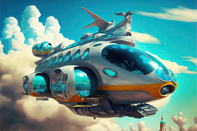 Futuristic flying urban transport against background of blue sky and clouds created with generative