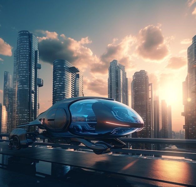 都市の真ん中にある未来的な空飛ぶ乗り物 3D レンダリング AI が生成した生成 AI が生成
